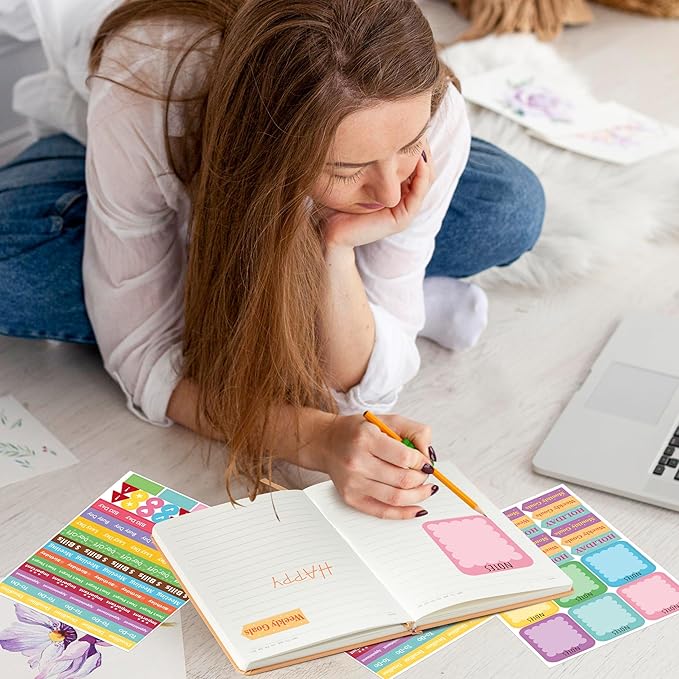 B1ykin Hardcover Ruled Journal Notebook with Planner Stickers, 196 Pages PU Leather Journal Notebook Journals Diary Notepad for Writing Travel Business Work School College Note Taking (Coffee)