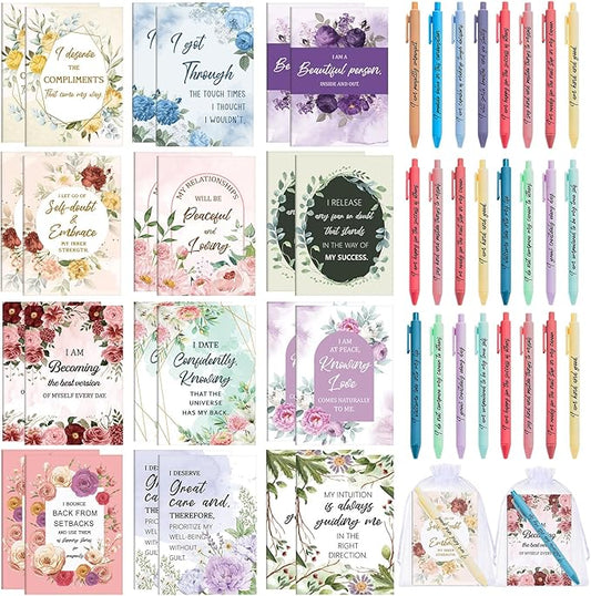 24 Set/48Pcs Positive Affirmation Gift Set Gratitude Notebooks with Pens Small Bags Motivational Encouragement Notepad Daily Affirmations Journal for Women Stress Relief Self Care (Watercolor)