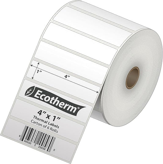 4" x 1" Thermal Labels | 6 Rolls | 15000 Labels | fits Zebra, Munbyn, Rollo, Godex, Arkscan, iDPRT, Offnova Thermal Label Printers and More | Blank White Adhesive Stickers by Ecotherm