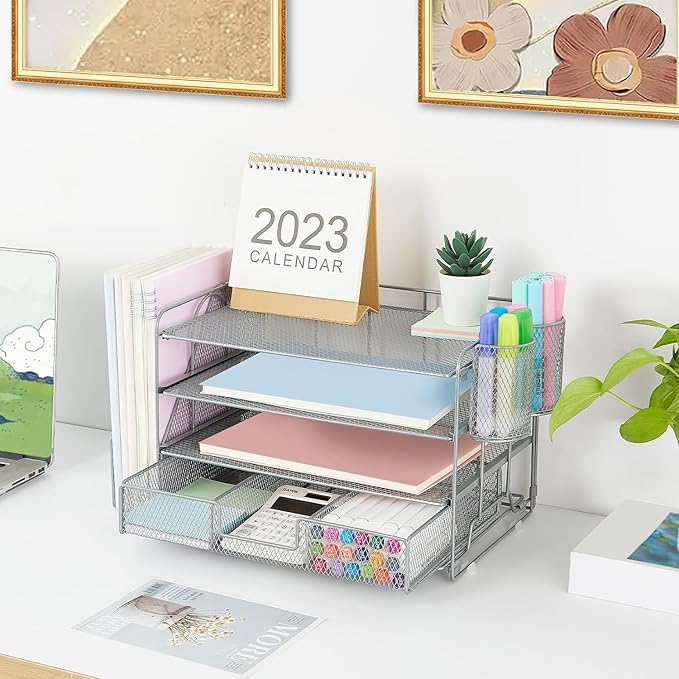 Desk Organizers and Accessories, Desk Accessories & Workspace Organizers for Office Supplies, File Organizer Desk Drawer Organizer with 2 Pen Holders, 4 Tier Paper Organizer for Desk(Grey)