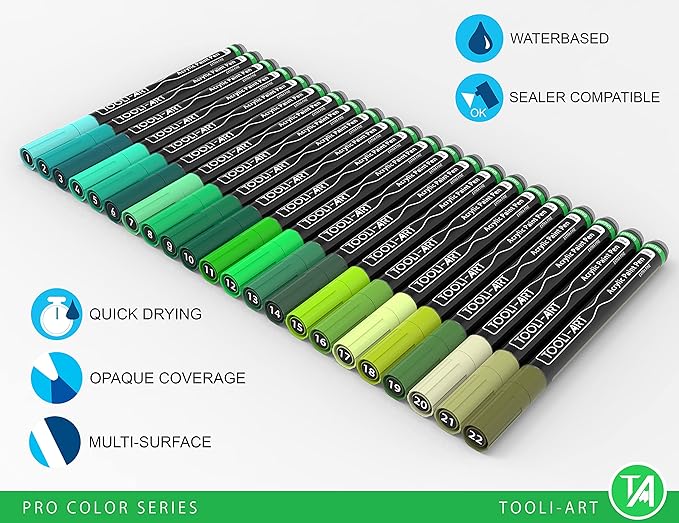 Acrylic Paint Pens 22 Green Tones Assorted Pro Color Series Markers Set 0.7mm Extra Fine Tip for Rock Painting, Glass, Mugs, Wood, Metal, Canvas, Projects, Non Toxic, Waterbased, Quick Drying