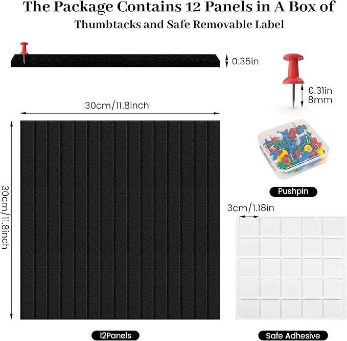 Large Cork Board for Office Black Felt Board Alternative-12 Pack Felt Wall Tiles for Office Wall Decor,Felt Bulletin Board Tiles,Push pin Board Wall Organizer for Office