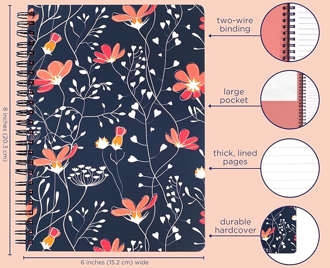 Steel Mill & Co Cute Mini Spiral Notebook, 8.25" x 6.25" Journal with Durable Hardcover and 160 Lined Pages, Floral Vines