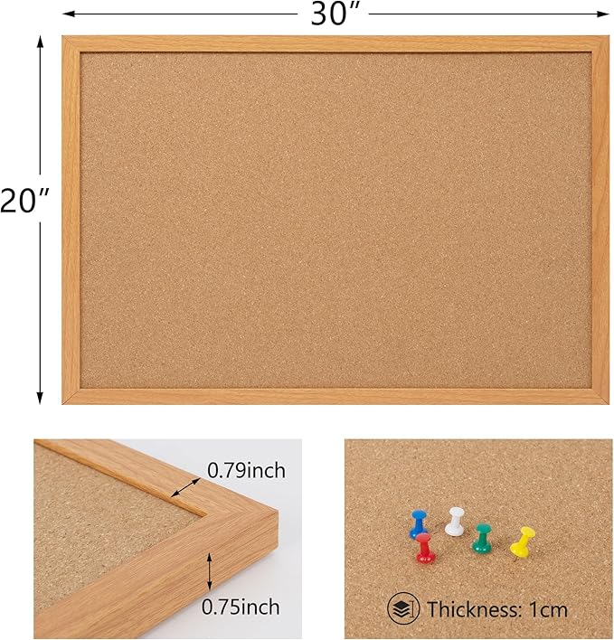 Board2by Cork Board Bulletin Board 20" x 30", Wood Framed Corkboards for Wall Decor, Hanging Office Message Board, Large Wall Mounted Notice Pin Board with 15 Push Pins for School, Home & Office
