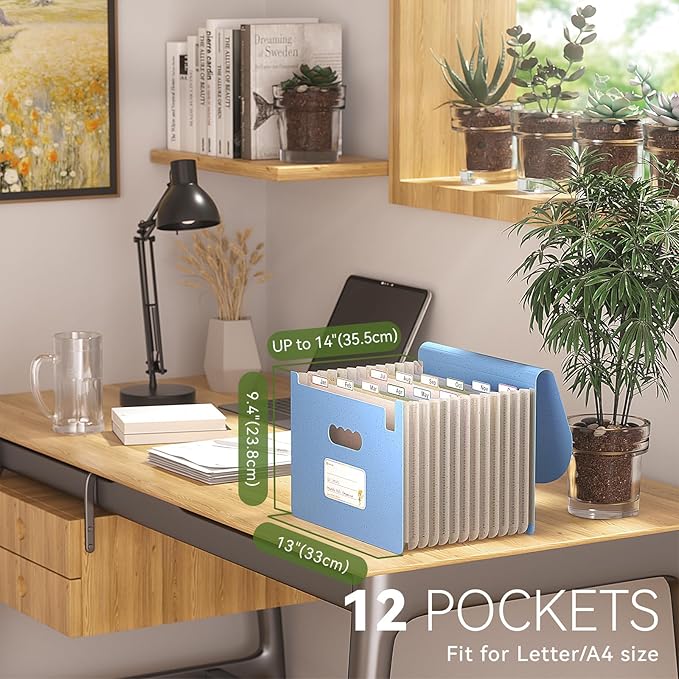 Accordion File Organizer, 12 Pockets Wheat Straw Expanding File Folder, Portable Monthly Paper Bill Tax Receipt Organizer, Letter A4 Size Document Holder，Green Office with Colorful Tab，UN Blue
