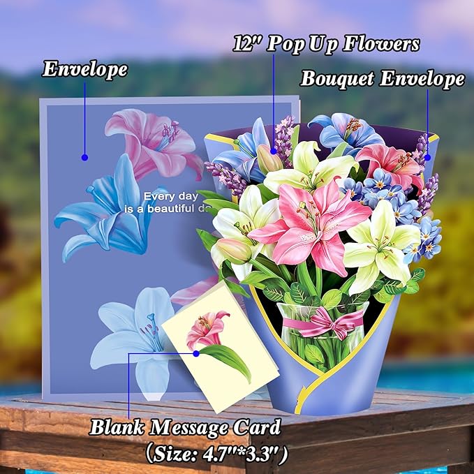Airpark Pop Up Bouquet Card, Lillies & Lupines, 12 inch Paper Flowers 3D Popup Cards with Note Card and Envelope for Birthday and Gifts, Get Well for Women Kids, Easter Decor