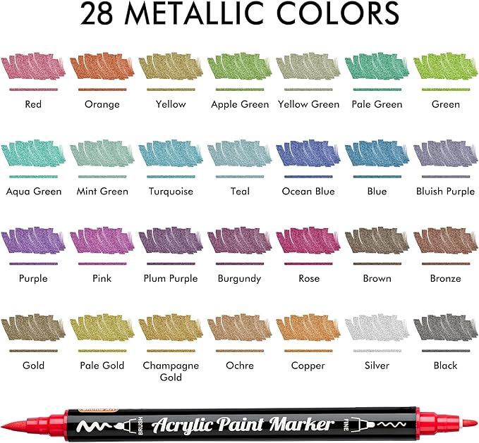 28 Metallic Colors Dual Tip Acrylic Paint Markers, Brush Tip and Fine Tip Acrylic Paint Pens for Rock Painting, Ceramic, Wood, Canvas, Plastic, Glass, Stone, Calligraphy, Card Making, DIY Crafts