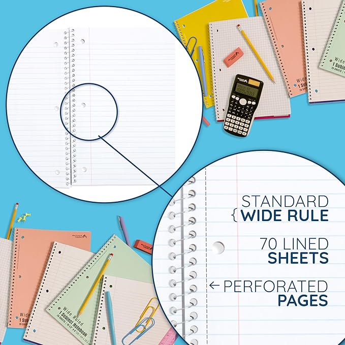 Blue Summit Pastel Spiral Notebooks, 1 Subject Pastel Notebooks Wide Ruled, Paper School Bulk Notebook, 12 Pack