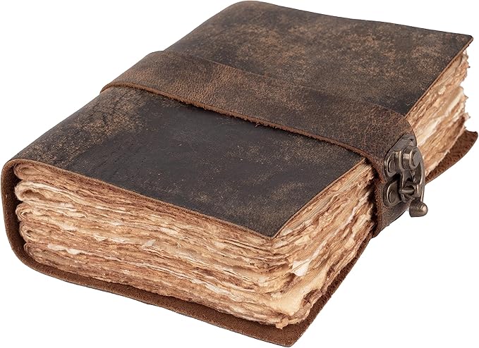 LEATHER VILLAGE Leather Bound Vintage Journal for Women & Men - Book of Shadows - Lock Closure - 200 Pages of Antique Deckle Edges Handmade Paper - Rustic Brown Color - 10 X 7 inches