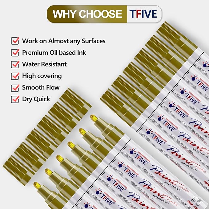 TFIVE Gold Paint Pens Markers - 12 Pack Oil Based Permanent Marker, Medium Tip, Never Fade, Quick Dry, Waterproof Paint Pen for Rocks Painting, Wood, Fabric, Plastic, Canvas, Glass, Metal