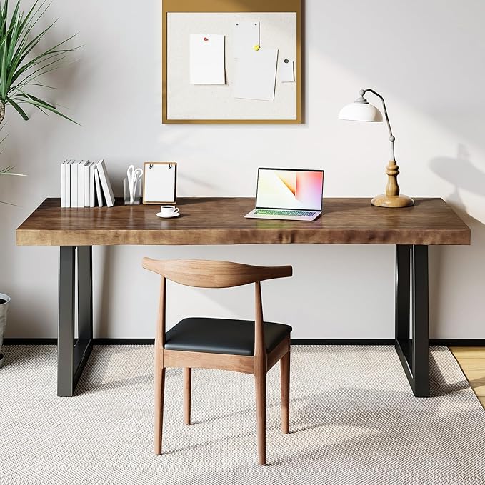 Solid Wood Desk 55 inches, Home Office Computer Desk Wooden Rustic Writing Desk Metal Modern Simple Design Executive Real Wood Desk (Brown)