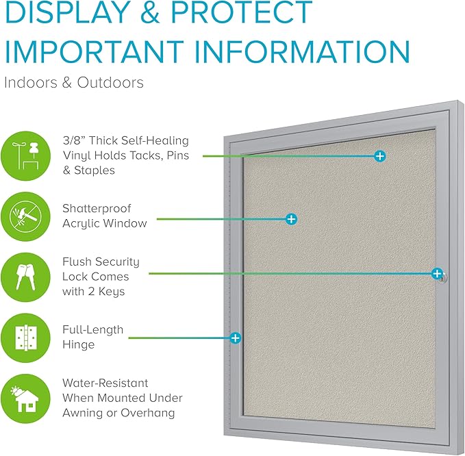 Ghent 36"x24" 1-Door Outdoor Enclosed Vinyl Bulletin Board, Shatter Resistant, with Lock, Satin Aluminum Frame - Ivory (PA13624VX-185), Made in The USA