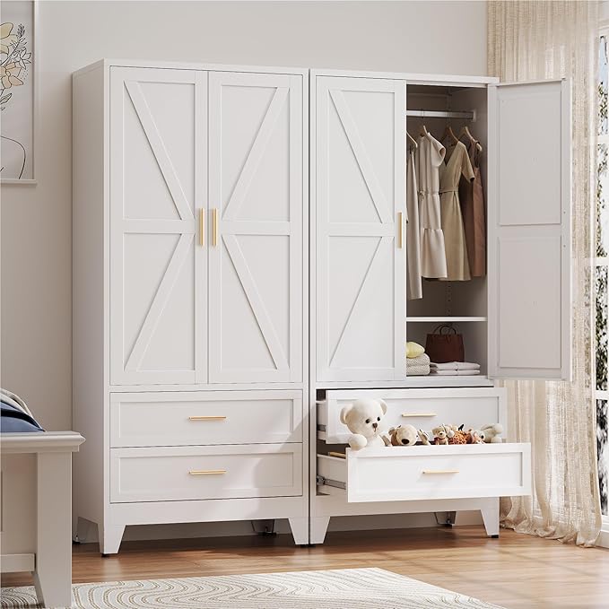 Metal Wardrobe Cabinet with Hanging Rod,71" Armoire Wardrobe Closet with 2 Drawers,Farmhouse Metal Clothing Storage Cabinets with Door and Adjustable Shelves for Bedroom,Laundry Room(White)