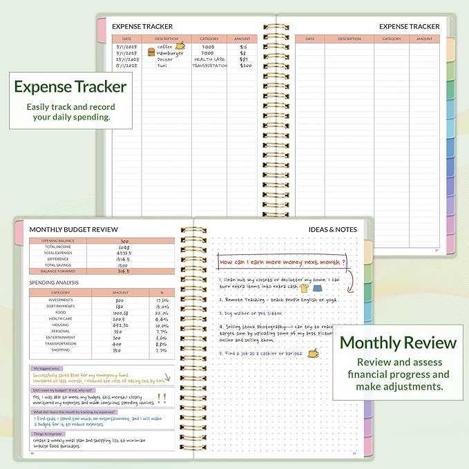 SUNEE Budget Planner - Monthly Budget Book with Expense Tracker Notebook, Undated 12 Month Bill Organizer & Finance Planner to Manage Your Money, A5(6.4" x 8.3") Account Book with Colorful Tab, Green