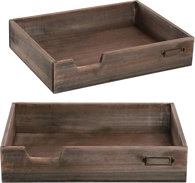 MyGift Set of 2 Vintage Distressed Finish Brown Wood Stackable Office Desktop Document Letter Paper Tray