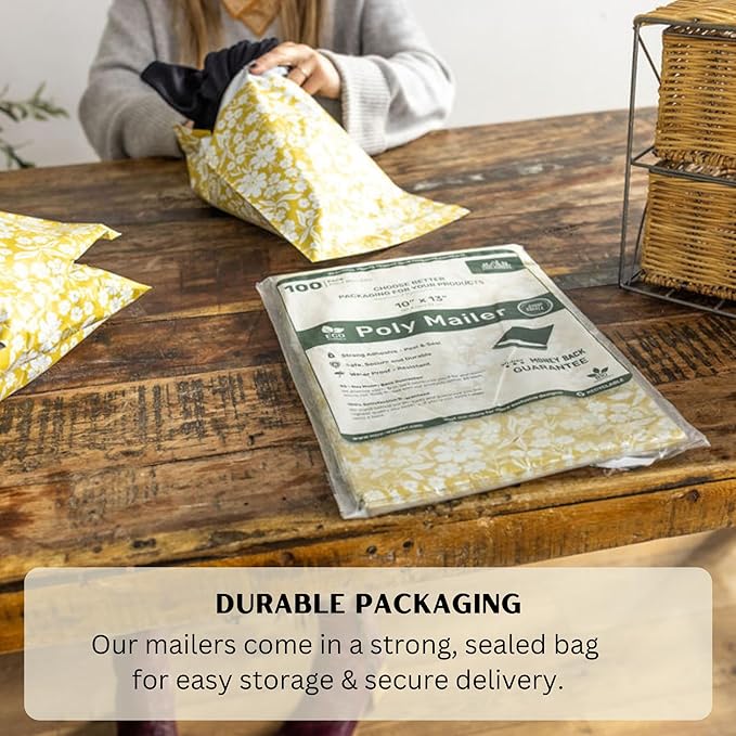 Poly Mailers 10x13 Inch 100 Pack Medium Shipping Bags Strong Thick Mailing Envelopes | Self Sealing Adhesive | Waterproof & Tear Proof | Small Business Packaging for Clothing - Floral Mustard Yellow