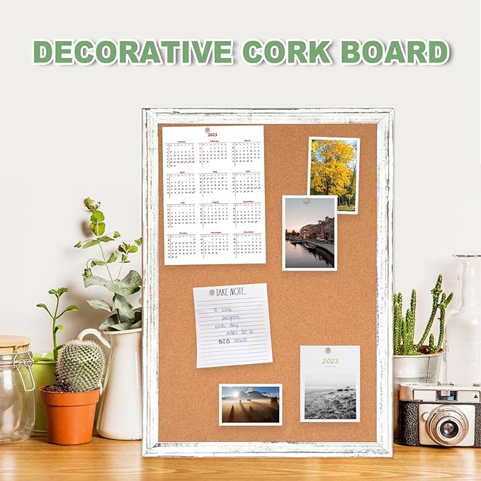 DOLLAR BOSS White Cork Board - 36 X 24 Inches, Rustic Wooden Frame, Decorative Vintage Hanging Pin Board for Office & Home Decor