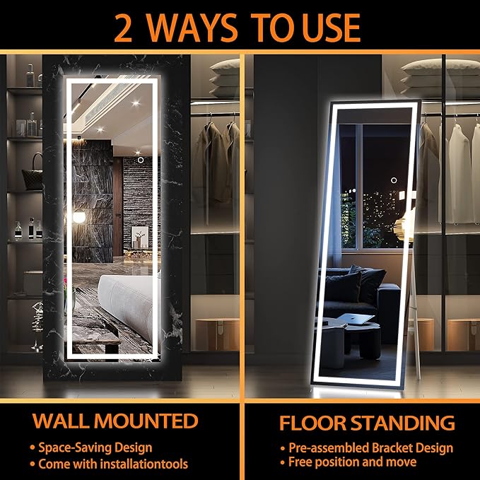 Hasipu Full Length Mirror with Lights, 65" x 20" LED Floor Mirror, Full Body Dressing Standing, Hanging Mounted Mirror for Living Room Bedroom Cloakroom, Square Black