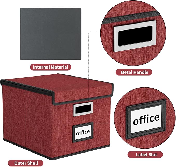 Huolewa File Storage Organizer Box with lid, Decorative Small Oragnizer Boxes for Hanging File, Linen Filing Box Cabinet with Plastic Slides for Office/Decor/Home Organization