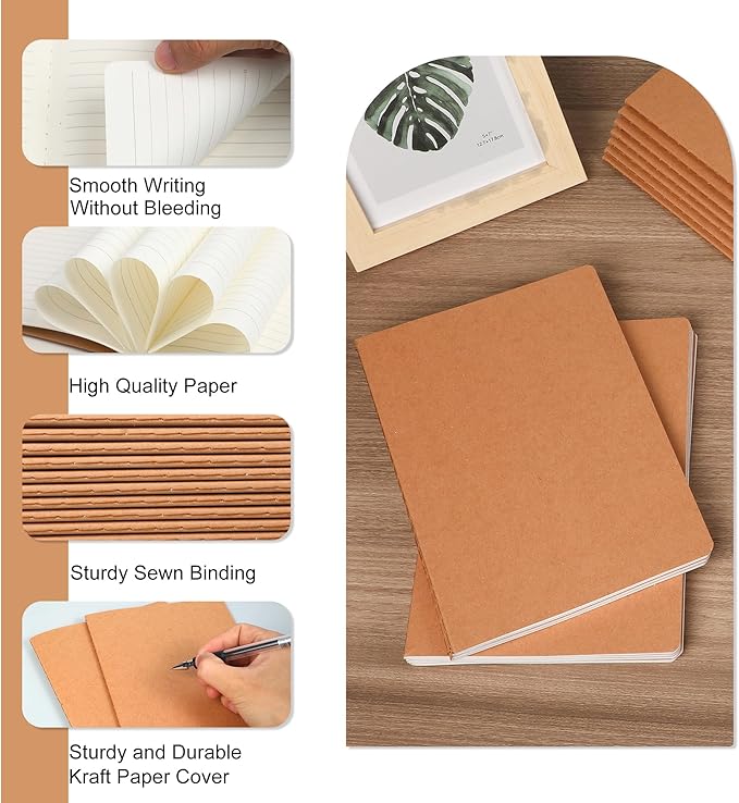 miikoul 72 Pack A5 Kraft Paper Notebook Lined Journal Bulk, 8.3 x 5.5 Inch, 60 Pages/30 Sheets, 80GSM, Travel Notebook Notepad for Adult, Students, Gift, School, Office Supplies