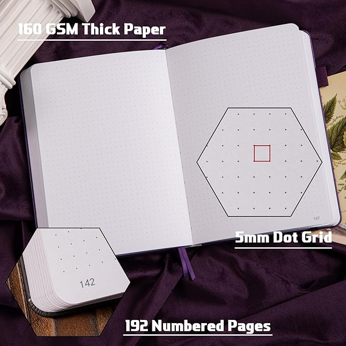 TIEFOSSI Bullet Dotted Journal Notebook, 160gsm 256 Numbered Thick Paper, A5 Hardcover Dotted Grid Diary for Women Men Work Writing, Bullet Dot Journaling, Drawing, 5.8 x 8.3 in