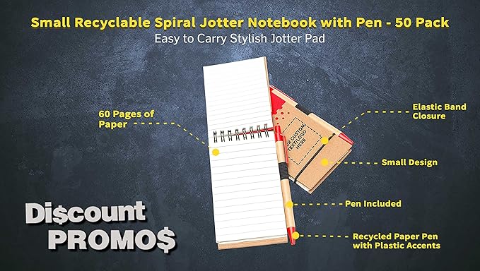 DISCOUNT PROMOS 50 Recyclable Spiral Small Notebooks Pack - Customizable Text, Logo - 60 Lined Pages - Red