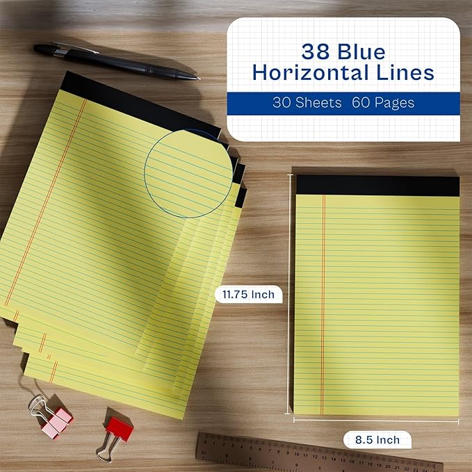 Legal Pads 8.5 x 11 College Ruled 6 Pack Yellow Note Pads 8.5 x 11 Notepads 30 Sheets Perforated Notepad Writing Pads 21lb Paper Legal Pad Ruled Paper Pad with Sturdy Back for School, Home, Office