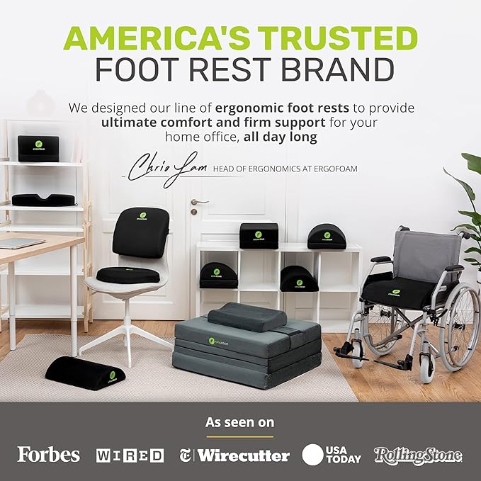 ErgoFoam Flat-Top Adjustable Foot Rest - High-Density Compression-Resistant Foam, Non-Slip, Black, Modern, Office