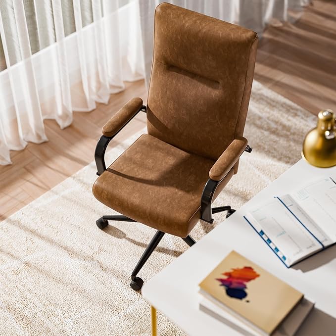Brown Leather Office Chair with Wheels, Memory Foam Height Adjustable Computer Deak Chair, Rolling Swivel Executive Chair for Home Office