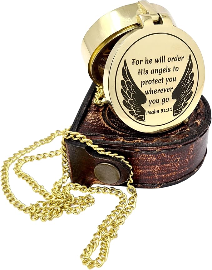 Brass Compass Engraved with Religious Scripture Verse - Ideal Gift for Son, Grandson, Daughter - Perfect for Baptism, Communion, Church and Graduation Day Present