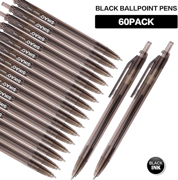 Black Pens Bulk, Box of 60 Pack Black Ink Pens Ballpoint Smooth Writing Pens No Smudge, Retractable Ball Point Pens Medium Point, Click Server Pens for Waitress, School Office Supplies