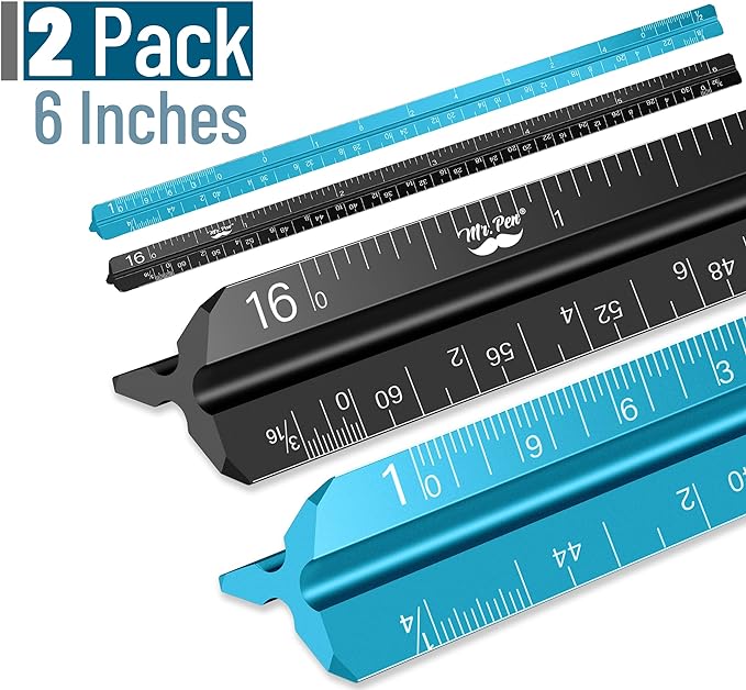 Mr. Pen- Small Architectural Scale Ruler, Aluminium, 6 Inch, 2 Pack, Black and Blue, Pocket Size Ruler, Triangle Ruler, Metal Ruler Set, Architect Scale Ruler for Blueprints