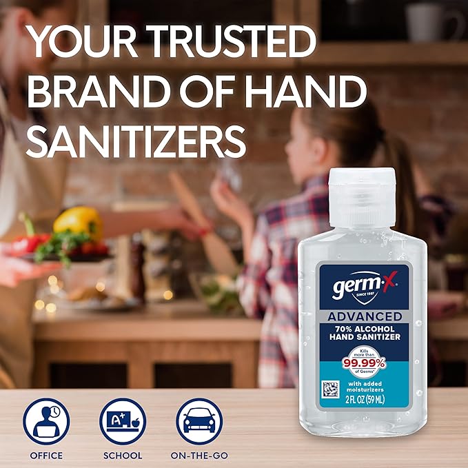 Germ-X Advanced Hand Sanitizer, Back to School Supplies College, Non-Drying Moisturizing Clear Gel, Instant and No Rinse Formula, Mini Travel Size for On-The-Go, 2 Fl Oz (Pack of 6)