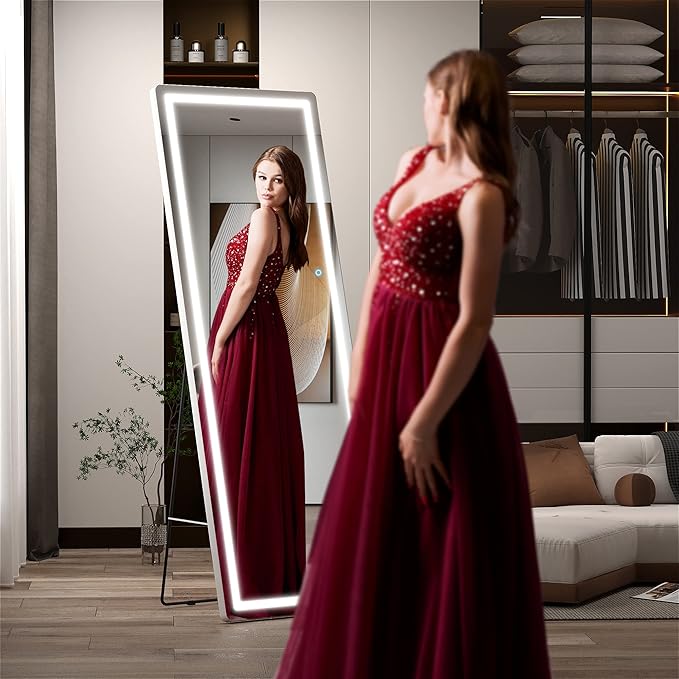 Hasipu Full Length Mirror with Lights, 61" x 22" LED Floor Mirror, Full Body Dressing Standing, Hanging Mounted Mirror for Living Room Bedroom Cloakroom, Round White
