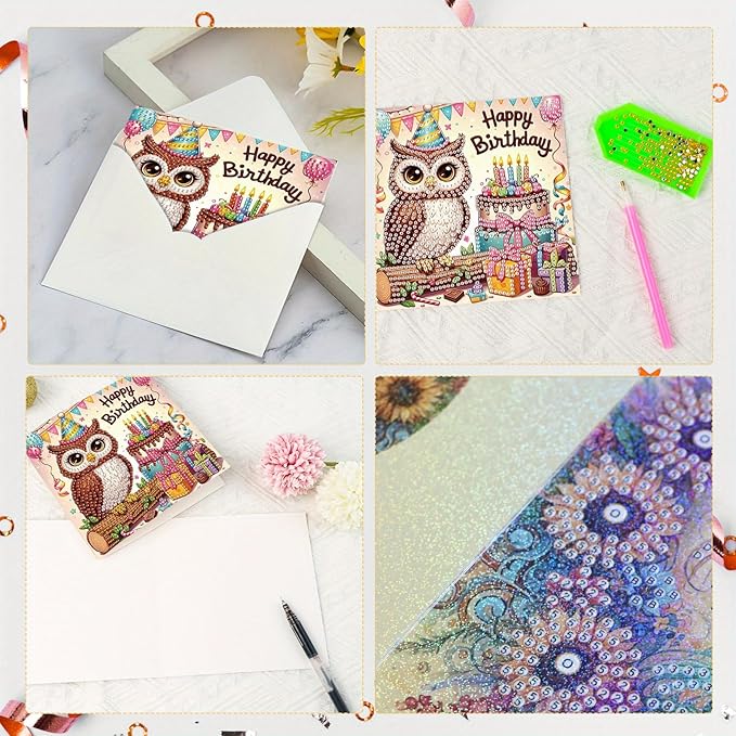 Tontut 6 Pieces Diamond Art Painted Greeting Cards, Owl Hedgehog Bear 5D DIY Special Shape Diamond Card Creative Gifts, Christmas Thanksgiving Greeting Card Congratulation