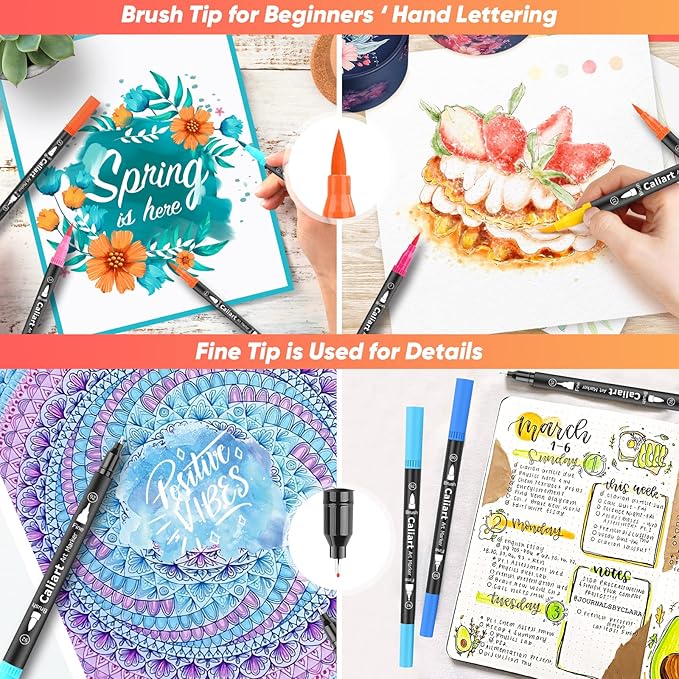 Caliart 72 Colors Dual Tip Art Markers for Adult Coloring - Aesthetic Cute Preppy Stuff School Supplies, Pens With Fine and Brush Tips for Lettering Cards Drawing Kids Artist Mothers Day Gift for Mom