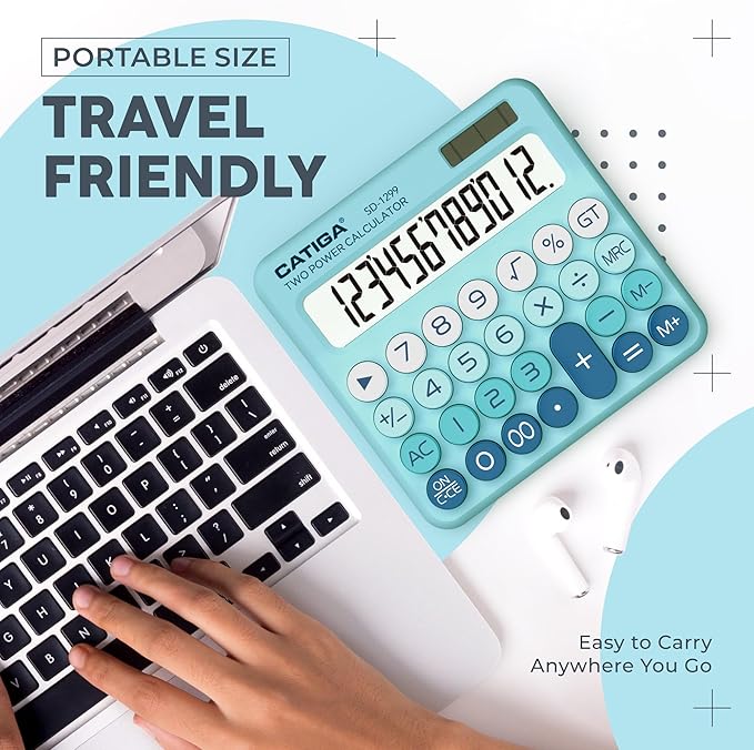 CATIGA Mechanical Switch Calculator with Solar and Battery Dual Power, 12-Digit Large LCD Display, Aesthetic and Cute Desktop Calculator with Big Button, for Home, School and Office Use, SD-1299