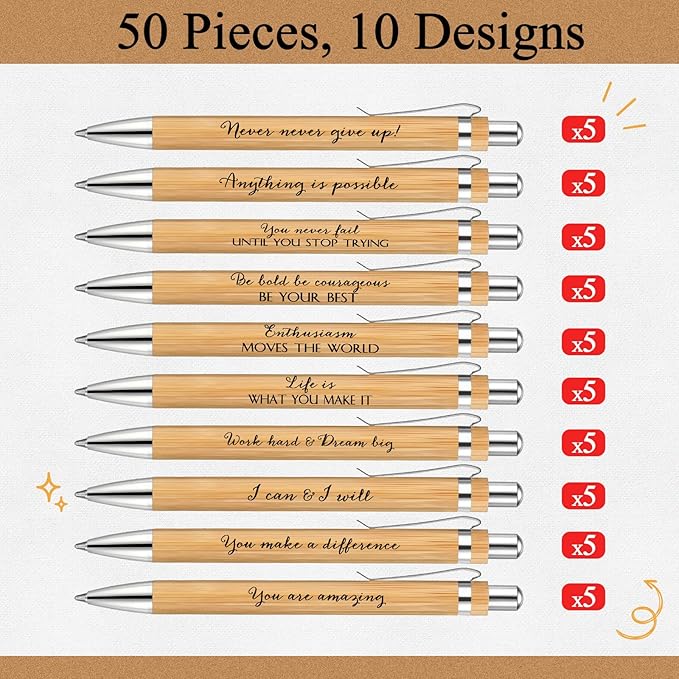 Fulmoon 200 Pcs Employee Appreciation Gifts Bulk Inspirational Bamboo Pens Motivational Thank You Wood Writing Ballpoint Pens for Coworkers Team Staff Leadership Teacher Student Back to School Gifts