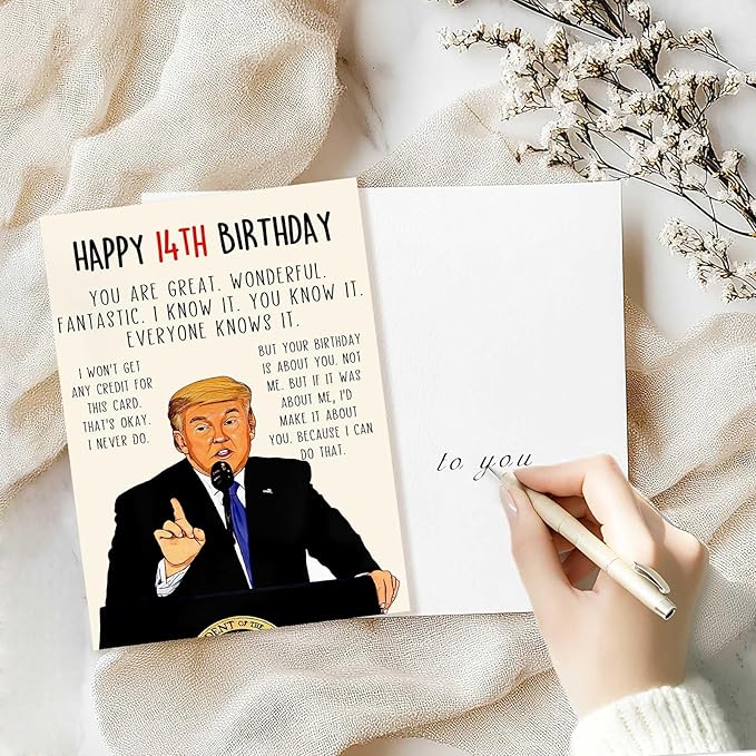Funny Trump 14th Birthday Card for Boy Girls, Best 14 Year Old Birthday Gift for Son Daughter, Unique Birthday Decorations for Grandson Granddaughter, Coolest Trump Birthday Card for Him Her