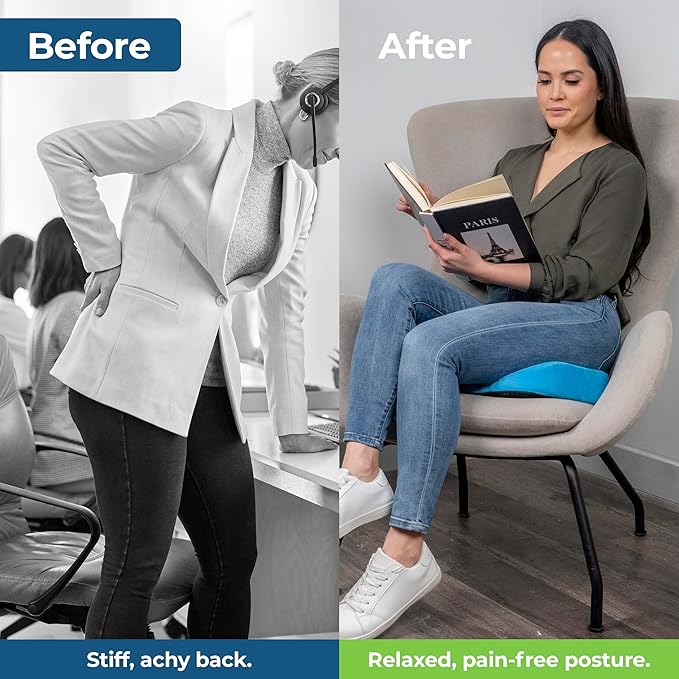 LuminaRest® Gel Enhanced Seat Cushion for Long Sitting – CertiPUR-US® Certified Memory Foam – Tailbone Pain Relief Cushion, Adaptable for Office, Car, Airplane & Wheelchair – (Blue)