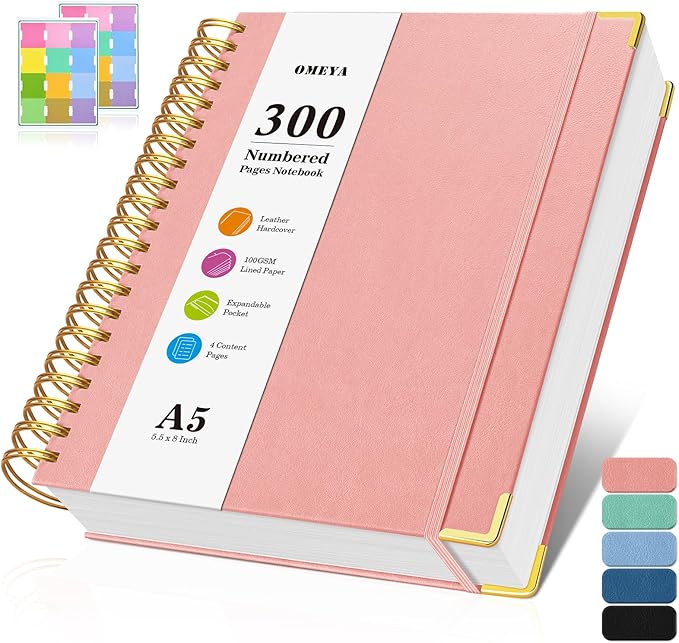 Spiral Notebook, 300 Numbered Pages Notebooks College Ruled with Contens, 100GSM Thick Journal for Women Men, Hardcover Leather Lined Journal for Writing, Large A5 Notebooks for Work School, 6" x 8"