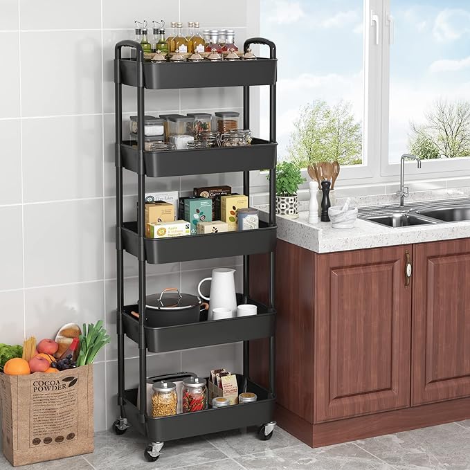 Sywhitta 5-Tier Plastic Rolling Utility Cart with Handle, Multi-Functional Storage Trolley for Office, Living Room, Kitchen, Movable Storage Organizer with Wheels, Black