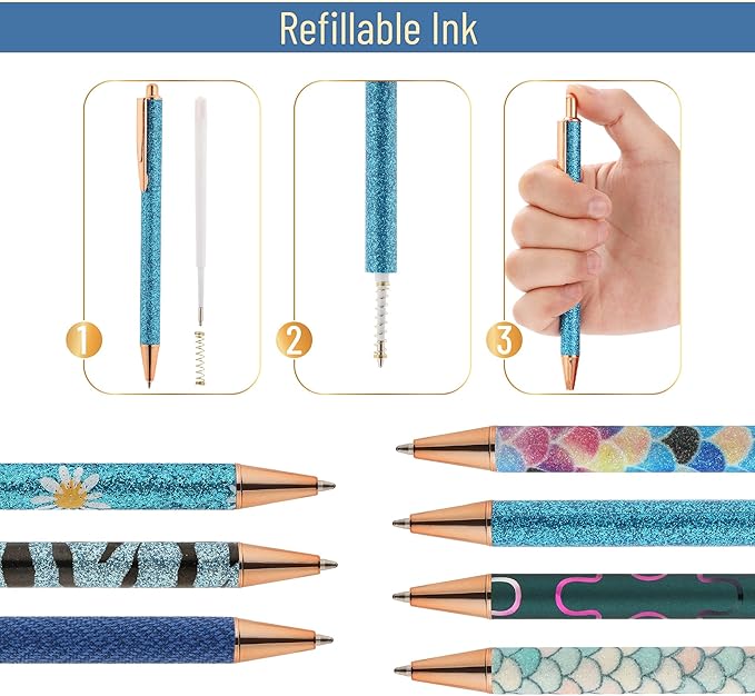 Mr. Pen- Fancy Pens for Women, Azure Elegance, 7 Black Ink Ballpoint Pens with 10 Refills, 1.0mm, Cute Pens for Journaling, Easter Gift