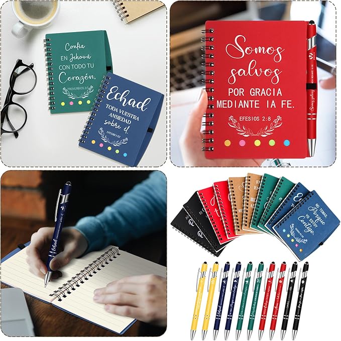 30 Sets Spanish Christian Gifts Bulk Religious Notebooks with Bible Verse Pens,inspirational Spiral Prayer Journal and Pen Set Church Gifts for Women Men Sunday Church Party Favors (Colorful)