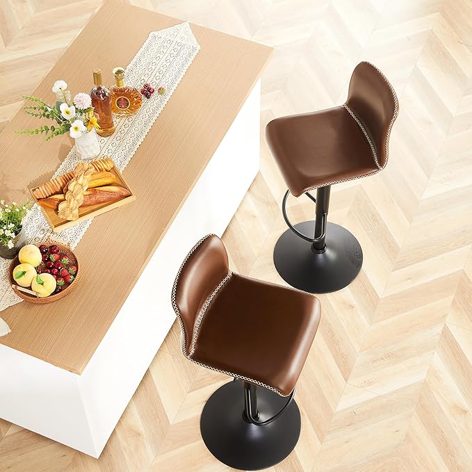 HeuGah Swivel Bar Stools Set of 2, Adjustable Counter Height Barstools with Back, Brown Faux Leather Bar Chairs for Kitchen Island (Brown, Set of 2 (24'' to 32''))
