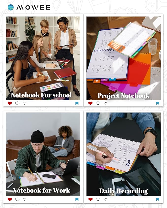 5 Subject Notebook - Spiral Notebook, College Ruled Notebook With Dividers Pocket, Tabs, 11" Ruler, 200 Pages, for Writing Journal, Home & Office, School Supplies, 8.5''x11'' Lily White