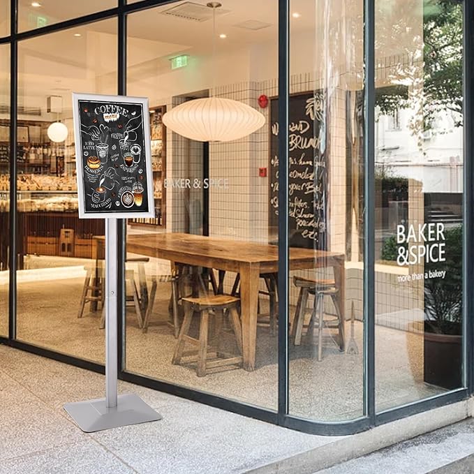 DISPLAYSWORKER Adjustable Heavy Duty Pedestal Sign holder floor Stand,sign stand poster stand Aluminum Snap Open Frame,Standing Floor for 11x 17 inch,Vertical/Horizontal View,SILVER