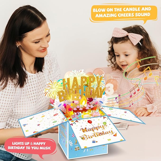Tnvee 5TH Birthday Cards with Lights Music, 3D Pop Up Singing Happy Birthday Greeting Cards Gifts Ideal for 5 Year Old Kids Boy Girl
