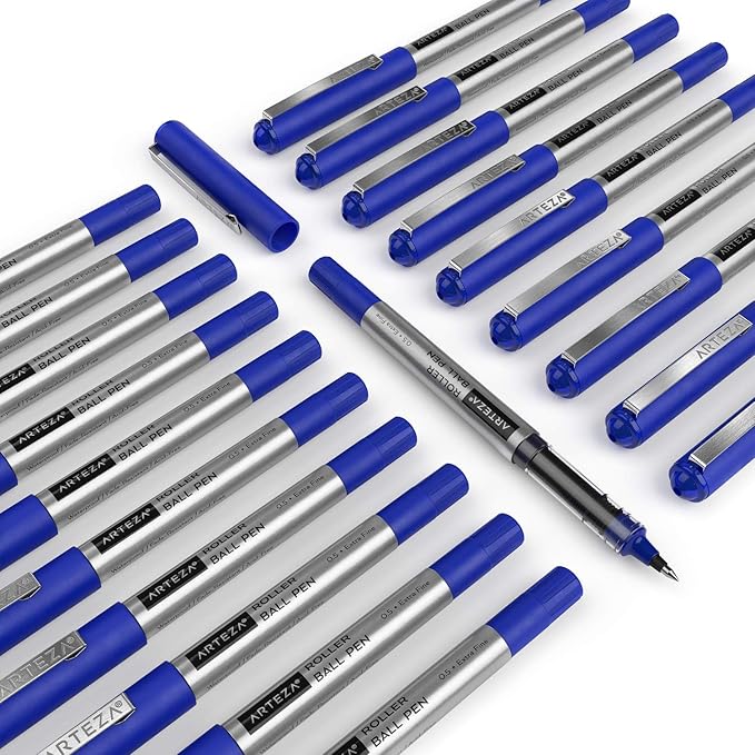 ARTEZA Rollerball Pens, Pack of 20, 0.5mm Blue Liquid Ink Pens for Bullet Journaling, Fine Point Rollerball, Office Supplies for Writing, Taking Notes & Sketching