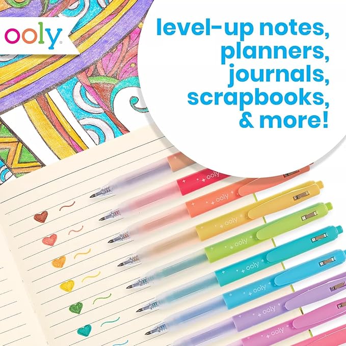 Ooly Oh My Glitter Gel Pens - Set of 12 Cute Art and Back to School Supplies for Girls, Planner Pen with Comfort Grip, Ideal Retractable Glitter Pens for Decorations & Office Use